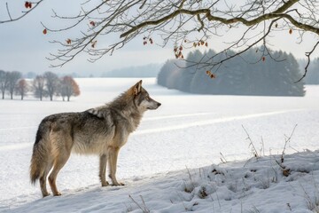 Naklejka premium Wolf Observing the Snowy Field in Winter Landscape Generative AI