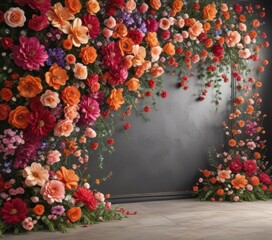 Luxurious faux floral wall; vibrant blooms, vintage backdrop ,  flower wall backdrop,  flower photography