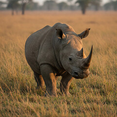 Obraz premium Rhinoceros in its natural environment, standing among grasslands and vegetation. The image captures the animal’s strong presence, showcasing its textured skin, large horn, and peaceful interaction wit
