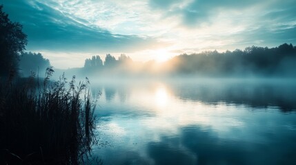 Sun rising over a lake with fog rolling in over the water