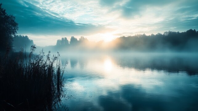 Sun rising over a lake with fog rolling in over the water