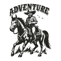 Hand-drawn cowboy riding a horse, vintage style, rough lines, brave and courageous expression