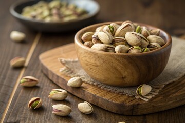 Wooden Bowl Filled With Pistachios on a Rustic Table Generative AI