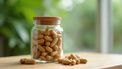 Close-up of capsules in glass jar on wood table. Natural supplements, dietary capsules, medicine, health benefits. Home setting, indoor environment with blurred green bokeh background.