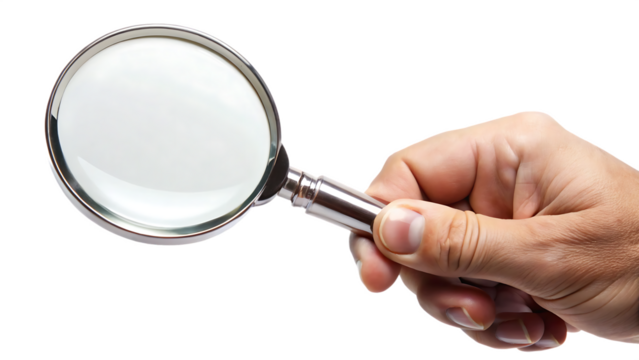 hand holding magnifying glass isolated on white background PNG