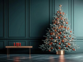 Fototapeta premium Cozy Modern Living Room Decorated for Christmas with Blue and Gold Theme and Festive Ornaments and Candles