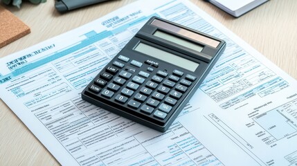 Calculator on Tax Document with Pens and Paperwork on Desk