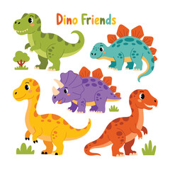 Cute Cartoon Dinosaur Collection with Nature Elements