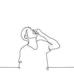 man with mouth open and face up puts or pours something small into his mouth - one line art vector taking pills