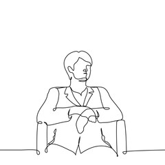 man in suit sitting on chair with folded hands - one line art vector. businessman waiting