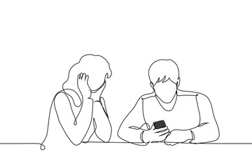 woman and man sitting looking at phone screen in his hands - one line art vector. waiting for answer, call on speakerphone