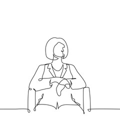 woman in suit sitting on chair with folded hands - one line art vector. businesswoman waiting