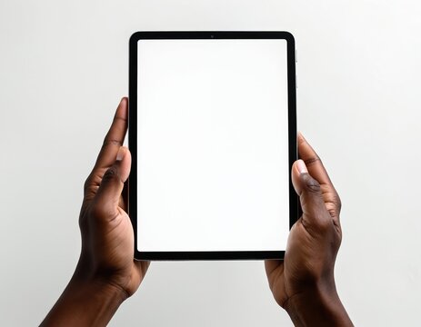 Black hands hold tablet pro device against white background. Digital tech, blank screen for app, web design. Portable smart device, communication, modern design, tech usage, online interaction,