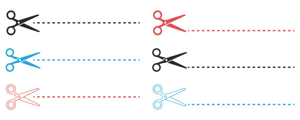 Open scissors line icon set. Scissors with a cut line icon. Scissor trim line icon. Scissors with a cut line vector on a white background.