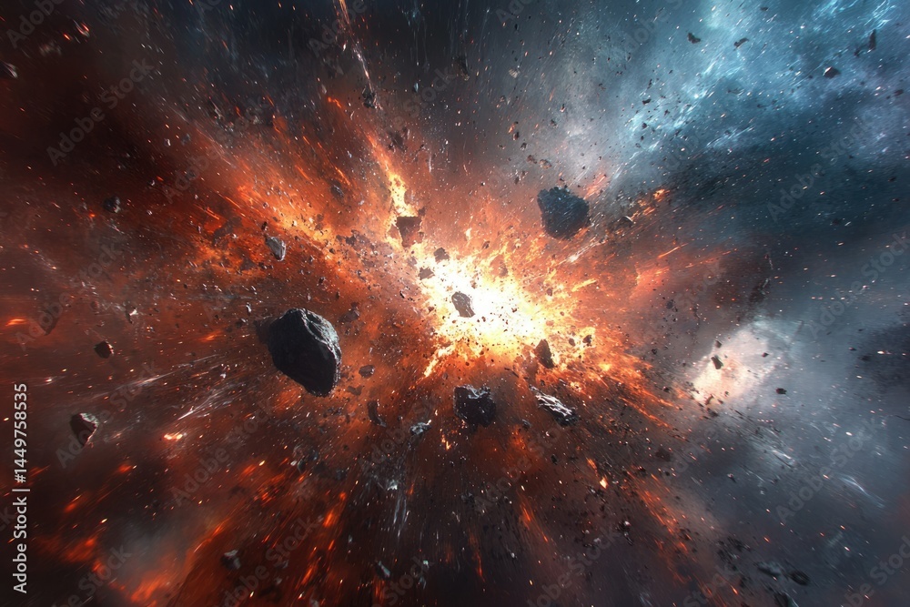 Poster a spectacular cosmic explosion showcasing fiery debris and celestial fragments in the vast expanse o