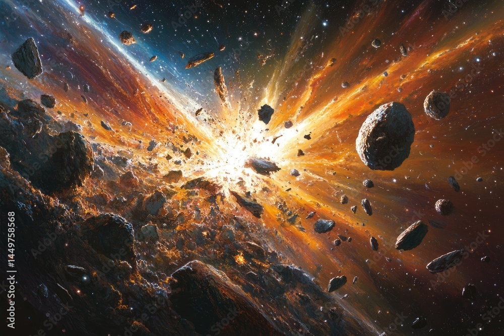 Poster A celestial body explodes in a fiery cataclysm, scattering debris across space.