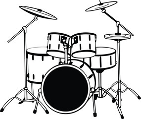 Drum Set Illustration Music Instrument Percussion Drums Cymbals Musical Equipment Rhythm Beat Band Orchestra Black and White Vector