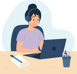 Woman working from home with headphones and laptop.  Ideal for themes of freelancing, online education, remote work and modern lifestyle. Vector illustration.     