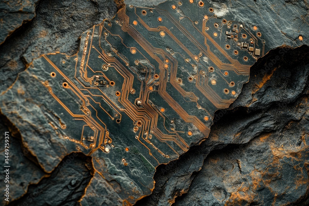 Aufkleber a weathered circuit board embedded in a rough, dark rock, suggesting the raw materials of technology