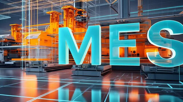 Digital Manufacturing Execution System (MES) concept with advanced technology visualization, holographic blueprints, and futuristic industry settings.

