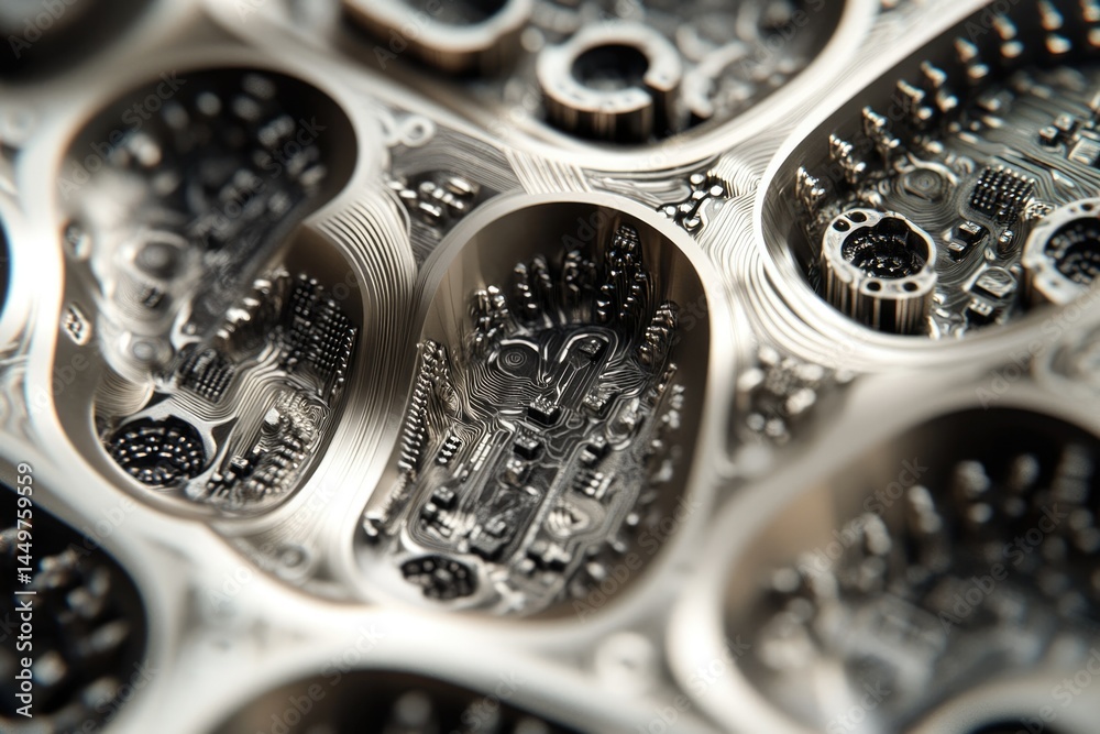 Aufkleber Intricate metallic surface with circuit-like patterns resembling interconnected brains.