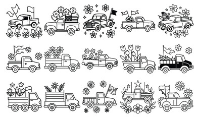 Hand drawn black and white flower trucks with spring floral arrangements, flags and cute seasonal doodles in line art style