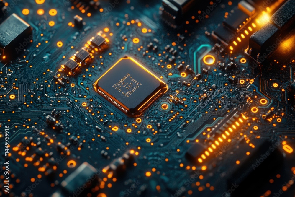 Fototapete Close-up view of a circuit board with glowing components, showcasing intricate electronic design.