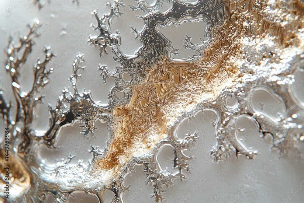 Poster abstract art depicting metallic, fractal patterns in silver and gold, resembling a natural landscape