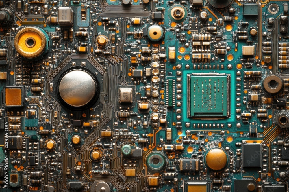 Poster Close-up of a complex circuit board showcasing intricate electronic components and their interconnections.