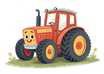Obraz premium Cute cartoon tractor isolated on white background. A cute cartoon tractor with large wheels and a smiling face, isolated on white, perfect for childrenâ€™s