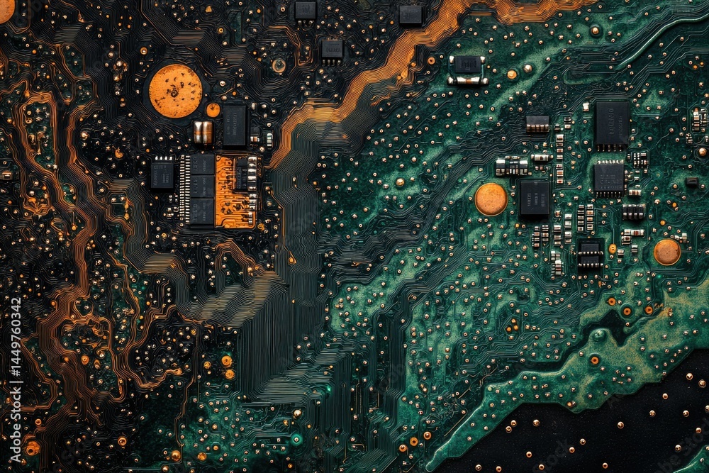 Leinwandbilder Close-up view of a circuit board showcasing intricate electronic components and pathways.