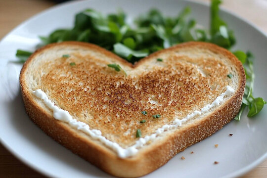 Heart-shaped sandwich cutout on a plate surrounded by fresh greens for a charming meal presentation