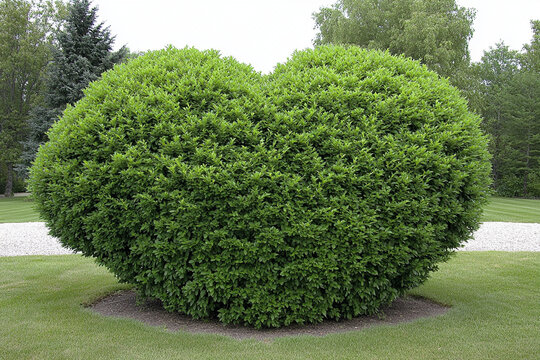 Heart-shaped topiary adds charm to a serene garden landscape in clear daylight