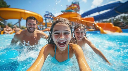 Fun in the Sun: Smiling Family Enjoying Water Park Rides on a Sunny Day