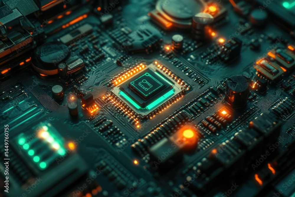 Poster Close-up of a circuit board with a glowing central processor, showcasing intricate electronic components and connections.