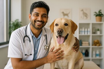 Veterinarian smiling with dog