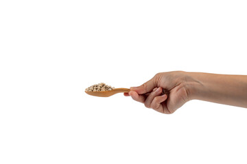 Chickpeas source of natural protein, vitamins and minerals. Healthy diet food on wooden spoon in...