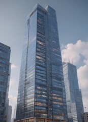 Obraz premium Sleek glass skyscraper rising, city skyline backdrop, drone, sunrise