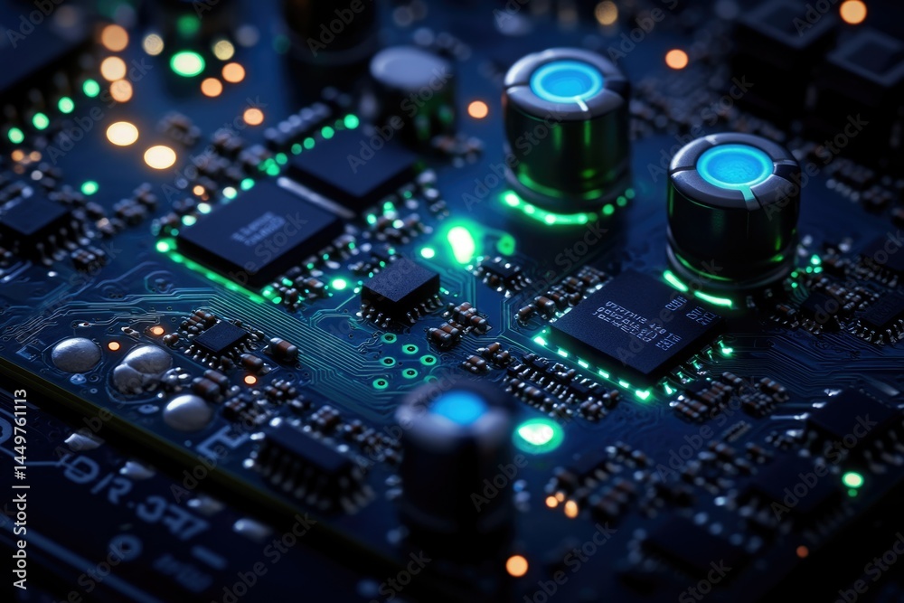 Poster Close-up of a circuit board with glowing green components, showcasing intricate electronic design and technology.