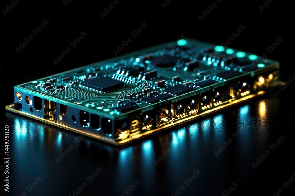 Poster Close-up view of a circuit board with integrated components, illuminated in teal and gold.