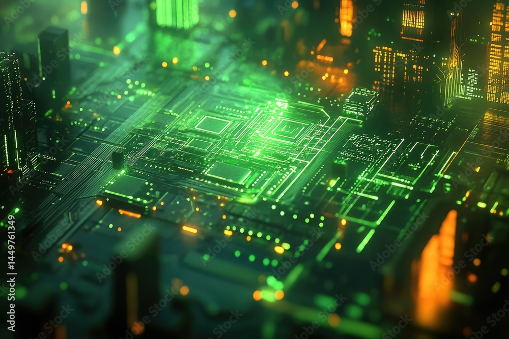 Poster Abstract depiction of a futuristic cityscape built on a circuit board, showcasing technological advancement and interconnectedness.