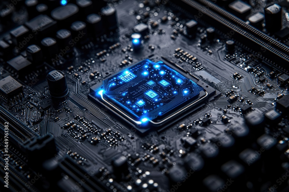 Poster Close-up of a glowing computer motherboard showcasing its intricate circuitry and central processing unit.
