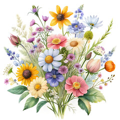 Colorful Wildflower Bouquet Botanical Illustration
