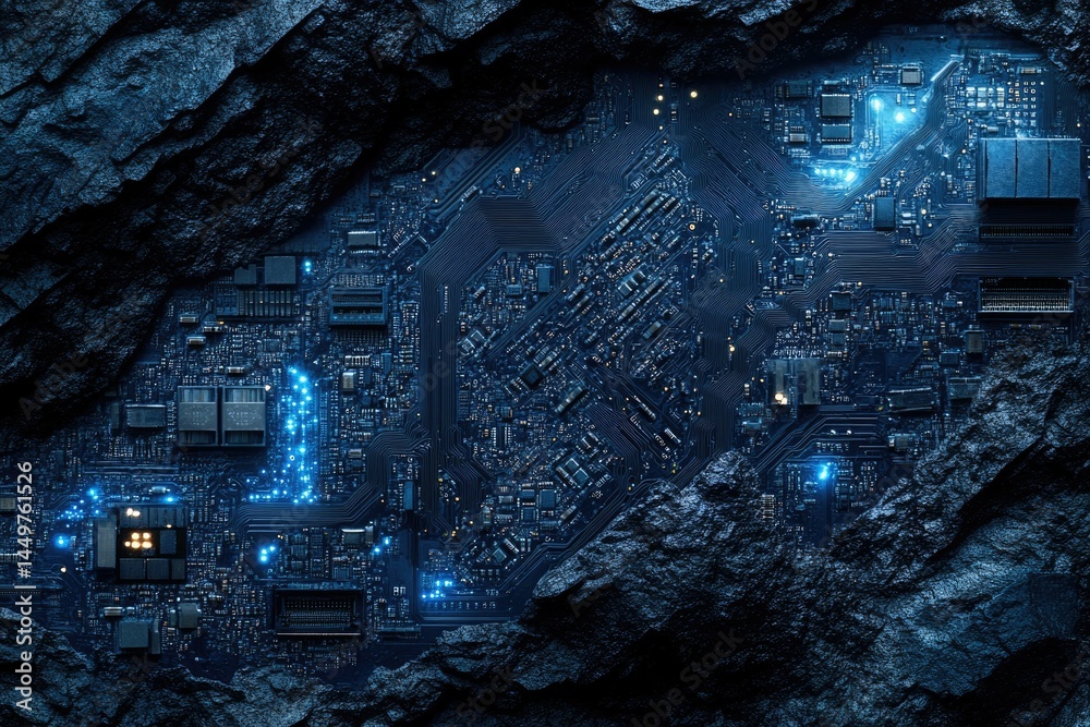 Aufkleber A circuit board embedded in dark rock, glowing blue, symbolizes the mining of data or the raw power of technology.
