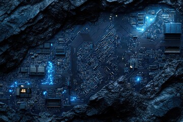 A circuit board embedded in dark rock, glowing blue, symbolizes the mining of data or the raw power of technology.