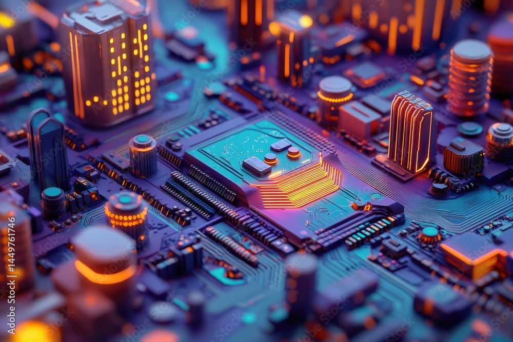 Poster A stylized 3D rendering of a circuit board, resembling a futuristic city, showcasing intricate electronic components and pathways.