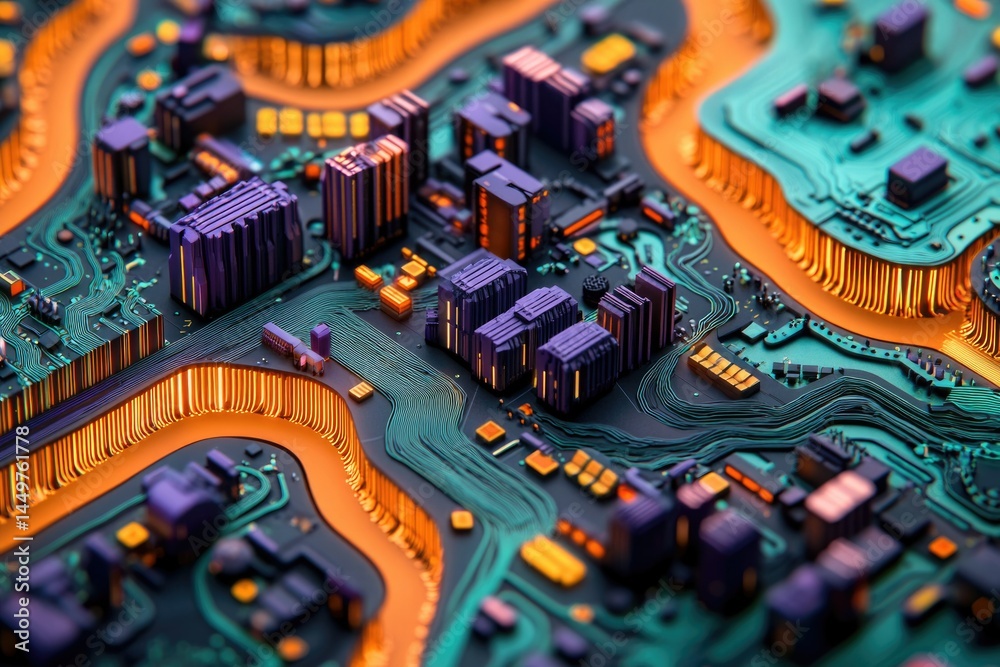 Aufkleber Abstract 3D rendering of a circuit board resembling a futuristic city, showcasing intricate pathways and glowing components.