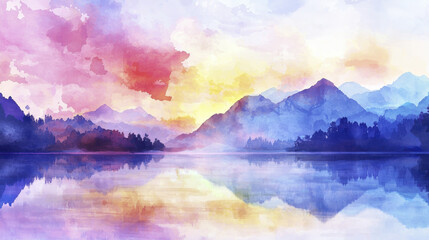 Fototapeta premium serene watercolor landscape featuring vibrant hues of pink, purple, and blue, reflecting on calm lake surrounded by mountains