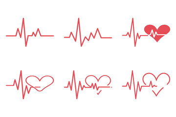 Heartbeat Line Icons Set with Heart Shapes and Pulse Symbols