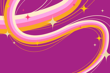 Fun Colorful Fluid Lines with Sparkling Stars on Purple Background. Creative retro cosmic swirls. Perfect for futuristic prints, party and space themes